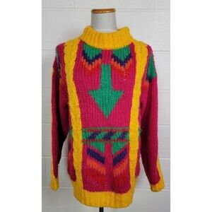 Vtg 1980s Protokol Collage Womens Colorful Chunky Oversize Mohair Blnd Sweater S